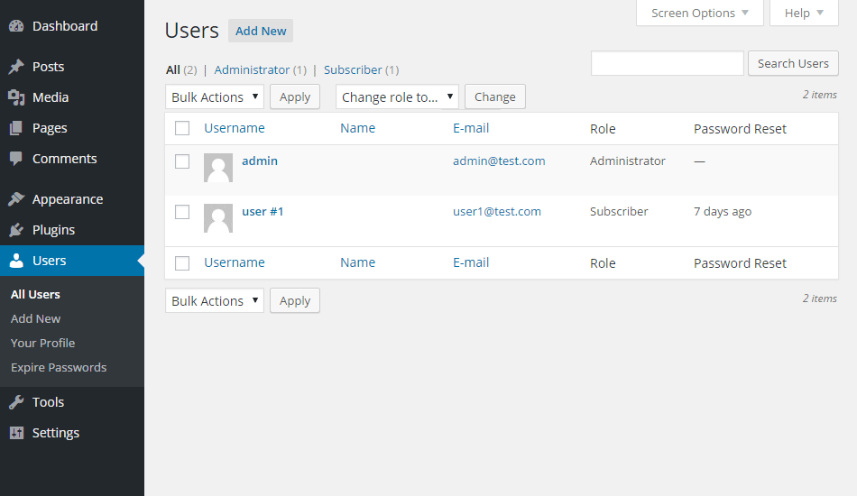 users overview page